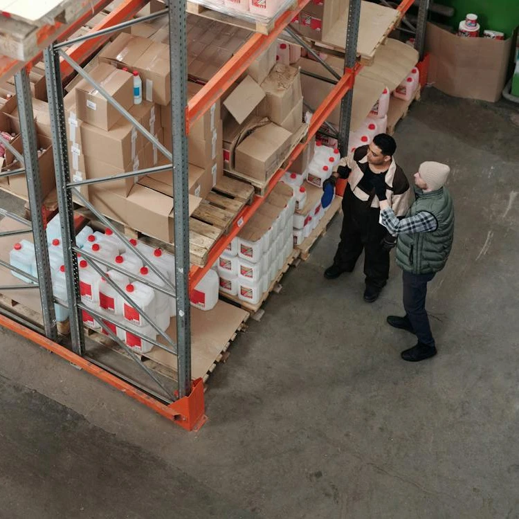Plastic packaging materials stored in an industrial distribution warehouse