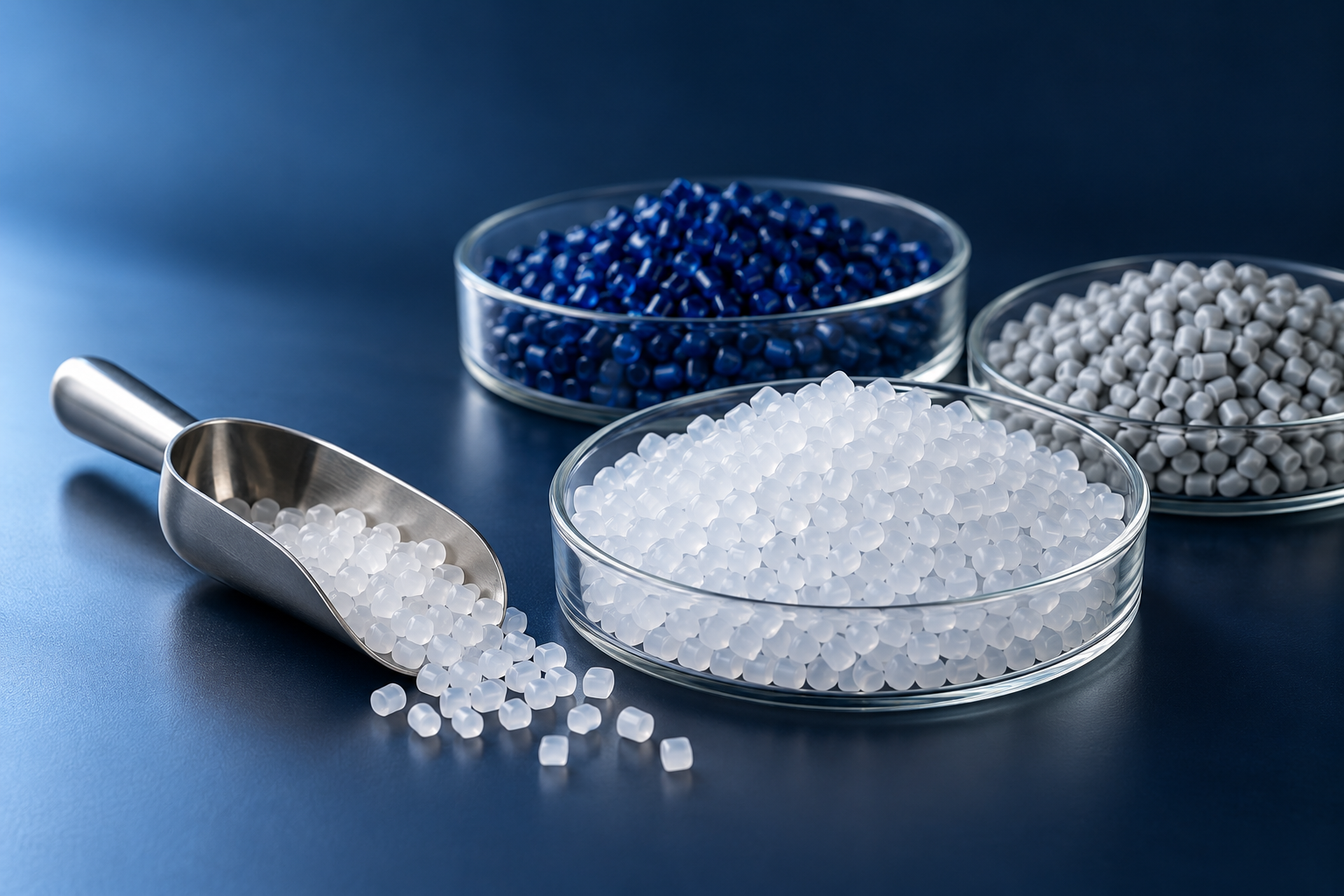 Polymer raw materials in Pakistan: blue and white resin granules supplied by Aimnaz Private Limited